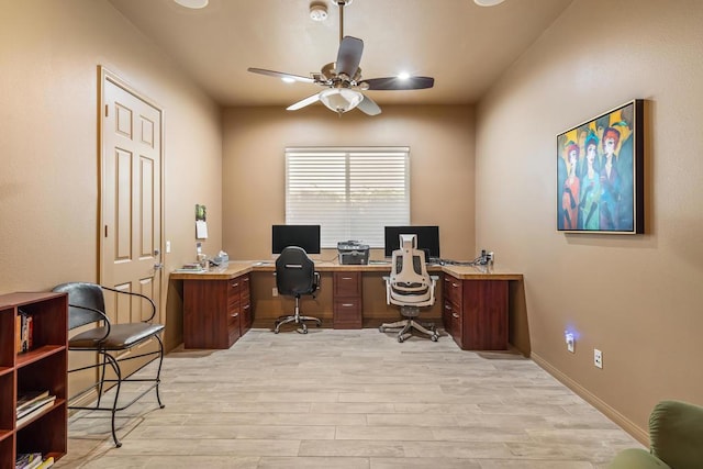 home office featuring ceiling fan and light wood-type flooring