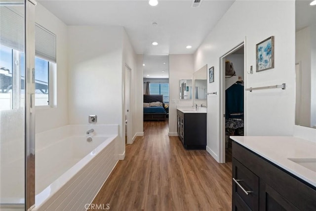 bathroom with wood-type flooring, a healthy amount of sunlight, vanity, and a tub to relax in