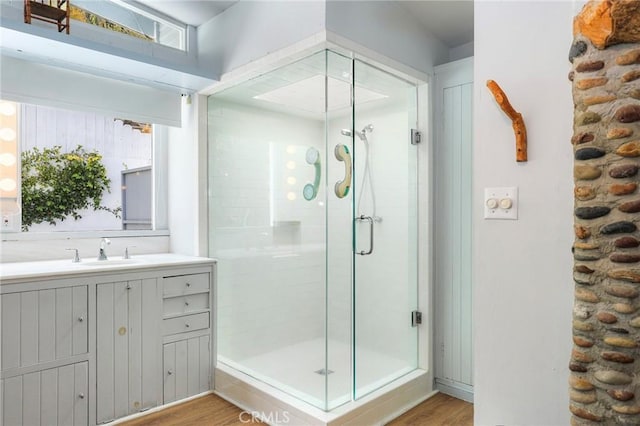 bathroom with vanity, hardwood / wood-style flooring, and a shower with shower door