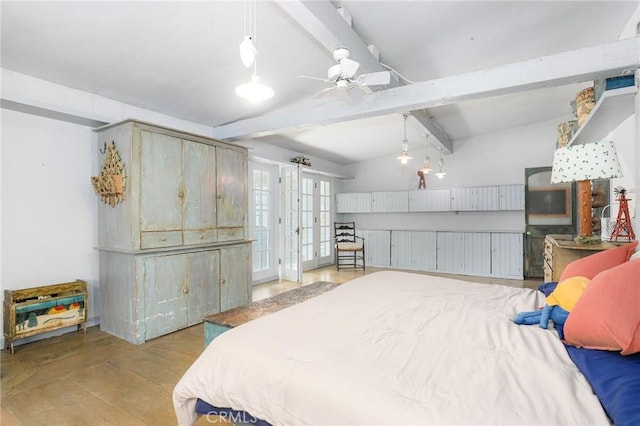 bedroom with french doors, lofted ceiling with beams, and light wood-type flooring