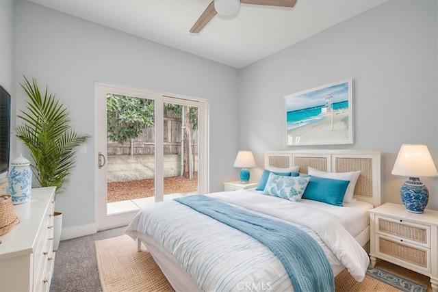 bedroom featuring ceiling fan, light carpet, and access to outside