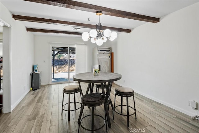 dining space with an inviting chandelier, beamed ceiling, and light wood-type flooring