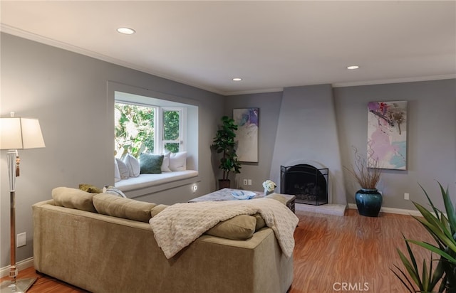 living room with crown molding, light hardwood / wood-style flooring, and a large fireplace