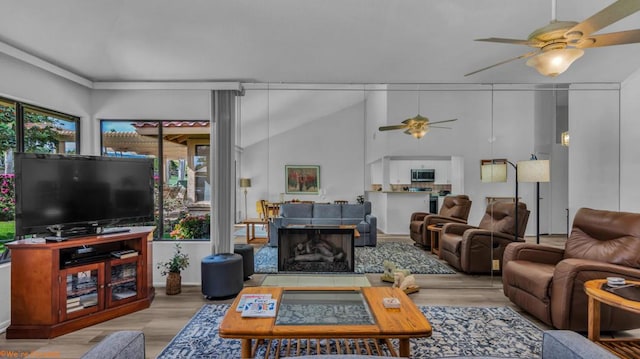 living room with light hardwood / wood-style flooring and ceiling fan