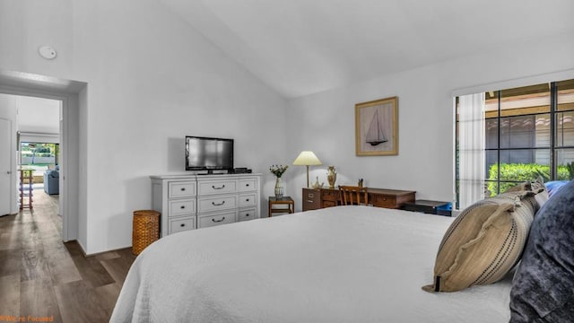 bedroom featuring dark hardwood / wood-style floors and high vaulted ceiling