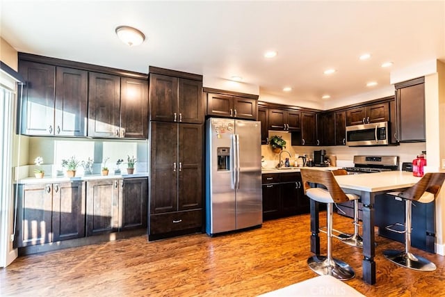 kitchen with light wood finished floors, stainless steel appliances, dark brown cabinets, and a sink