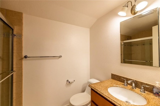 bathroom featuring vanity, vaulted ceiling, a shower with door, and toilet