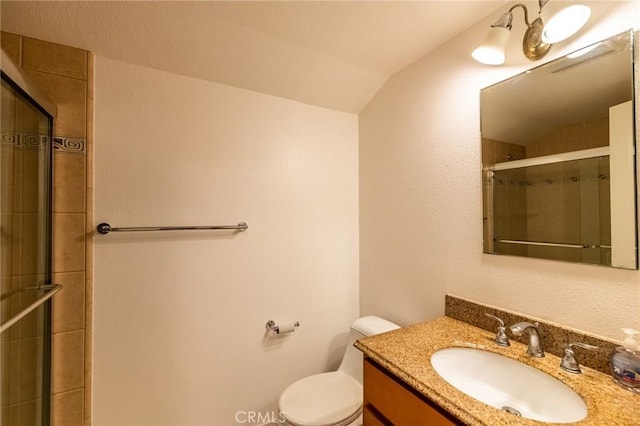 full bathroom featuring vaulted ceiling, vanity, a stall shower, and toilet