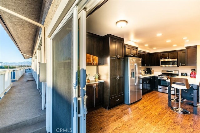 kitchen featuring light wood-type flooring, dark brown cabinets, stainless steel appliances, and light countertops