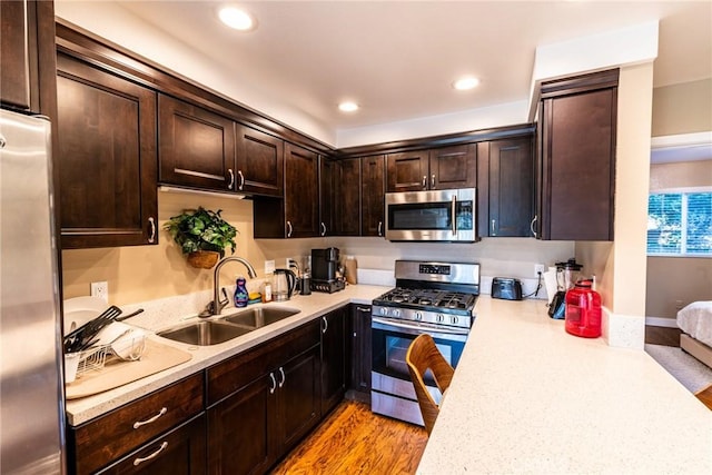 kitchen featuring dark brown cabinetry, light wood-style flooring, appliances with stainless steel finishes, light countertops, and a sink