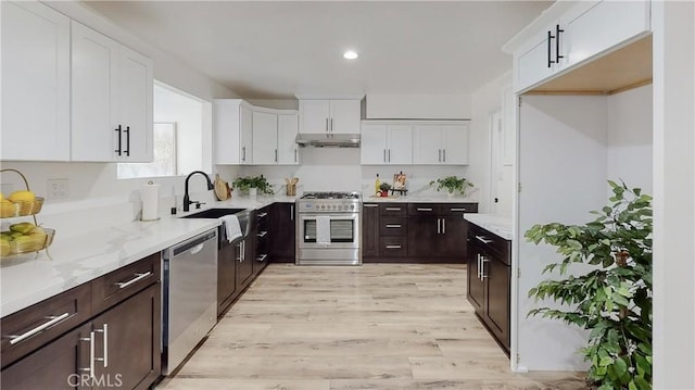 kitchen with appliances with stainless steel finishes, sink, white cabinets, light hardwood / wood-style floors, and dark brown cabinets