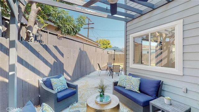 view of patio / terrace featuring a pergola and outdoor lounge area