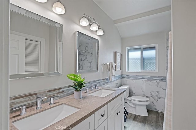 bathroom with hardwood / wood-style floors, vanity, tile walls, and toilet