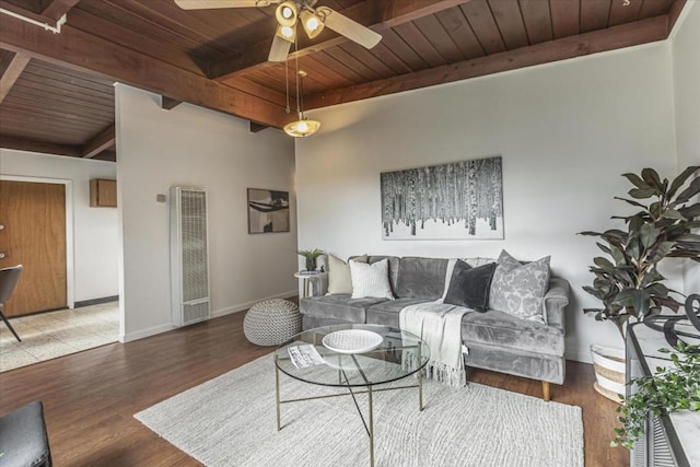 living room with beam ceiling, wood-type flooring, wooden ceiling, and ceiling fan