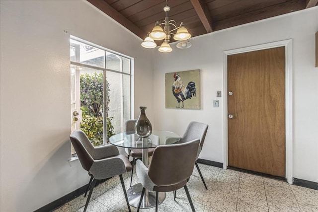 dining space featuring beam ceiling, wood ceiling, and a chandelier