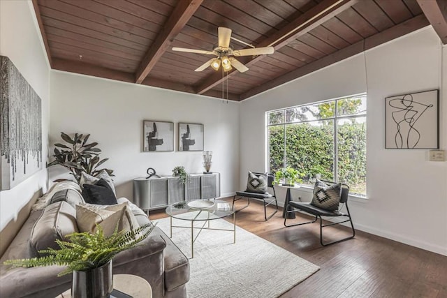 living room featuring vaulted ceiling with beams, wooden ceiling, dark hardwood / wood-style floors, and ceiling fan