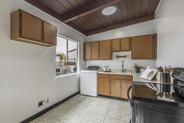 kitchen featuring washer / dryer, sink, vaulted ceiling with beams, wood ceiling, and black electric range