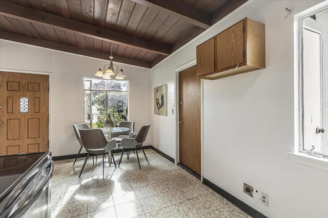 dining room with beam ceiling, a notable chandelier, and wood ceiling