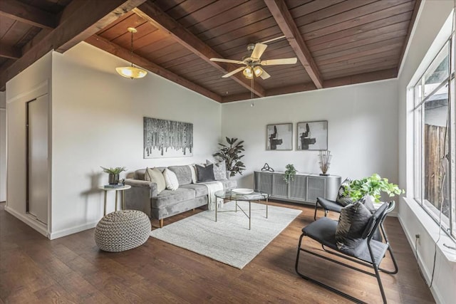 living room with wood ceiling, ceiling fan, dark hardwood / wood-style floors, and a wealth of natural light