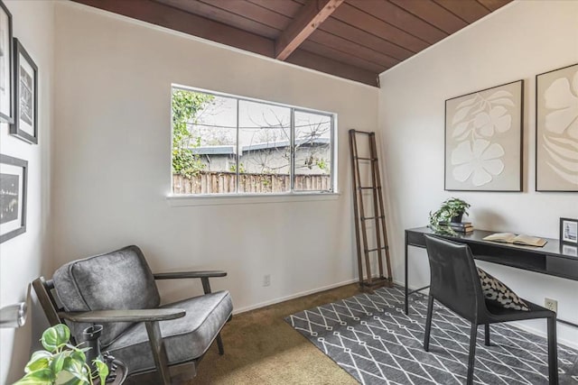 office featuring beamed ceiling, carpet floors, and wood ceiling