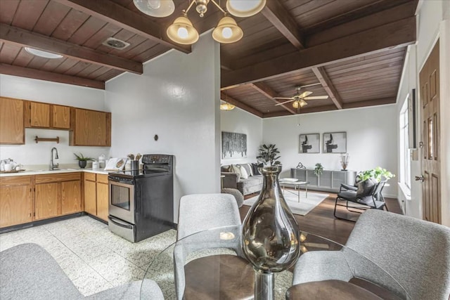 kitchen with sink, wood ceiling, electric stove, ceiling fan, and beam ceiling