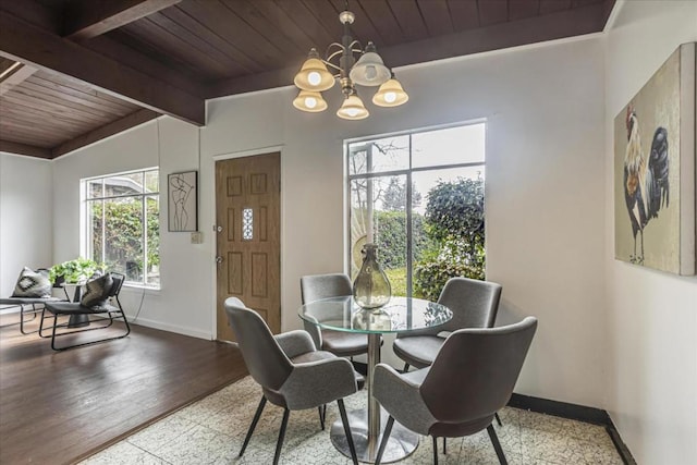 dining area featuring an inviting chandelier, vaulted ceiling with beams, wood ceiling, and wood-type flooring