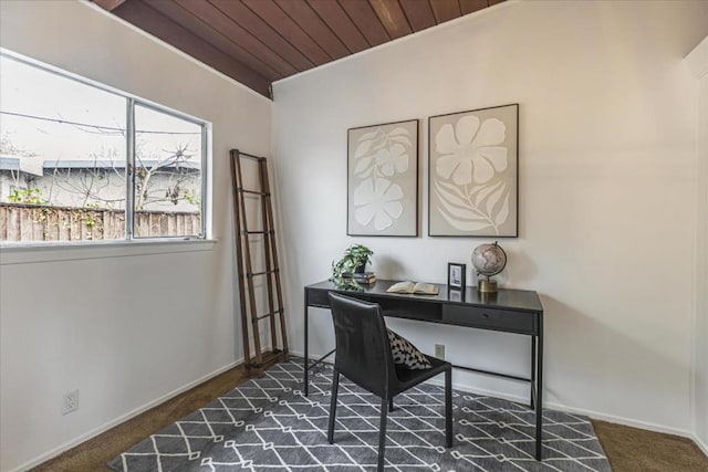 home office featuring wooden ceiling and dark carpet