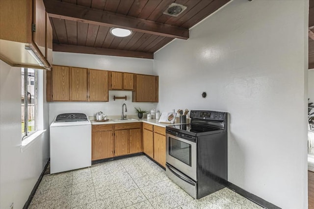 kitchen with washer / dryer, sink, stainless steel range with electric cooktop, wooden ceiling, and beam ceiling