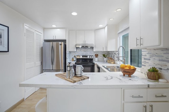 kitchen with stainless steel fridge, electric range oven, backsplash, white cabinets, and kitchen peninsula