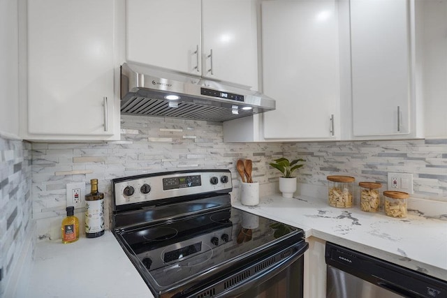 kitchen featuring decorative backsplash, stainless steel dishwasher, white cabinets, and electric stove