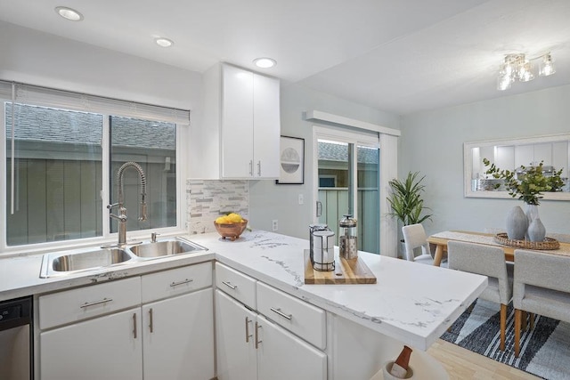 kitchen with sink, stainless steel dishwasher, kitchen peninsula, decorative backsplash, and white cabinets