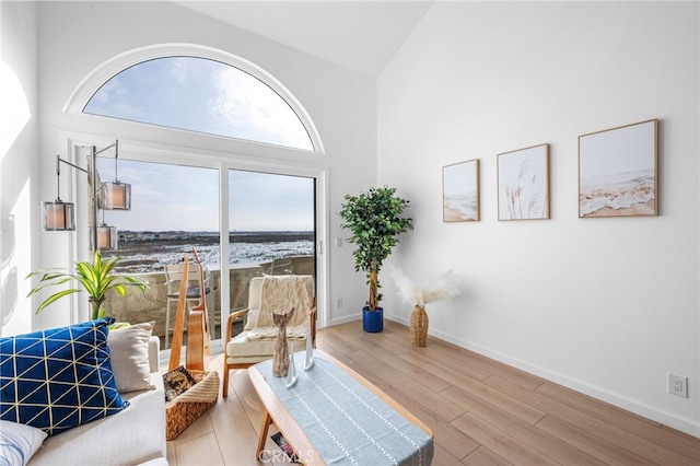 sitting room with hardwood / wood-style flooring and high vaulted ceiling