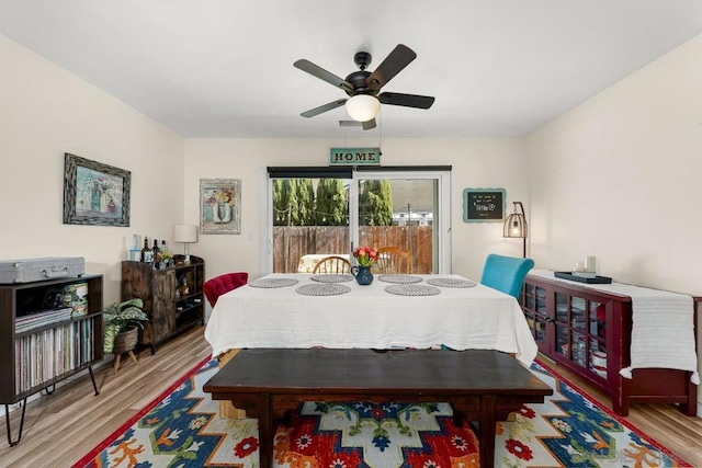 dining space with ceiling fan and light hardwood / wood-style flooring