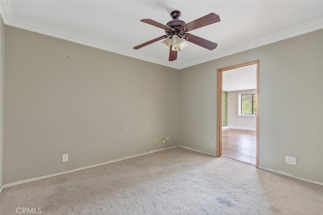 carpeted spare room featuring ceiling fan and ornamental molding