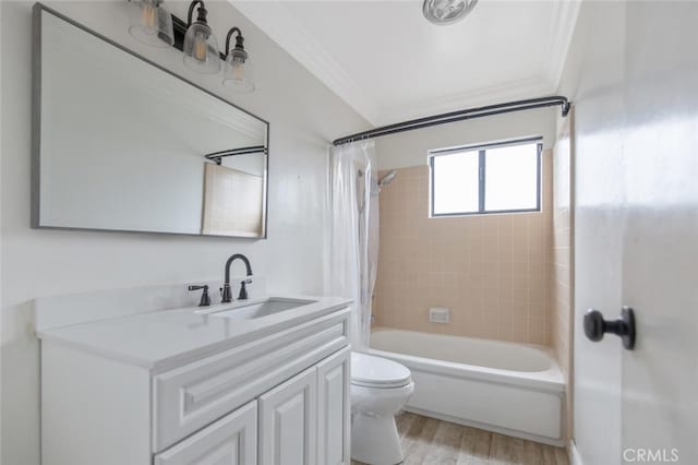 full bathroom with crown molding, shower / bath combo, vanity, wood-type flooring, and toilet