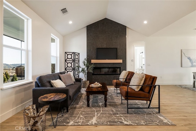 living room featuring hardwood / wood-style flooring, a fireplace, and vaulted ceiling