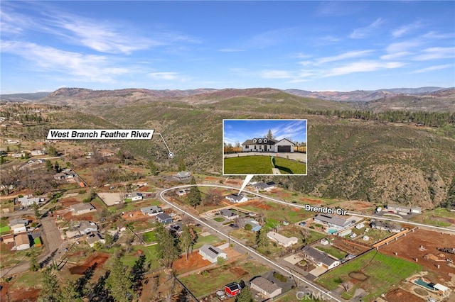 birds eye view of property with a mountain view