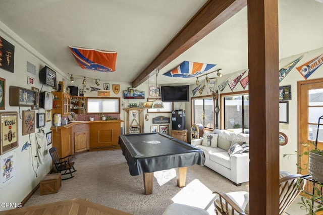 rec room with beamed ceiling, light carpet, and billiards