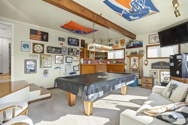 recreation room featuring beamed ceiling, light colored carpet, bar, and pool table