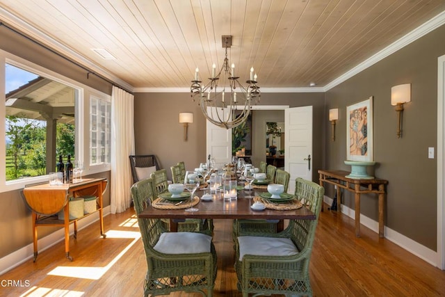 dining area featuring crown molding, wood ceiling, an inviting chandelier, and hardwood / wood-style flooring