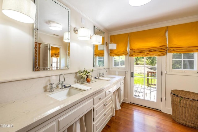 bathroom with crown molding, vanity, and hardwood / wood-style floors