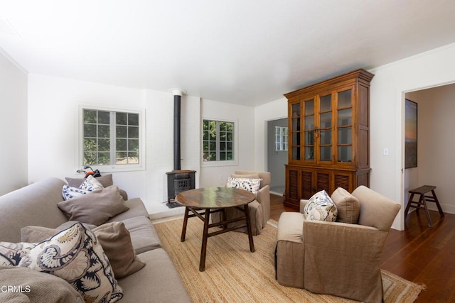 living room featuring crown molding, wood-type flooring, a wood stove, and a wealth of natural light