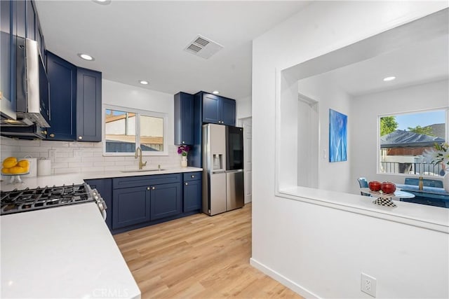 kitchen featuring sink, light wood-type flooring, plenty of natural light, stainless steel appliances, and backsplash