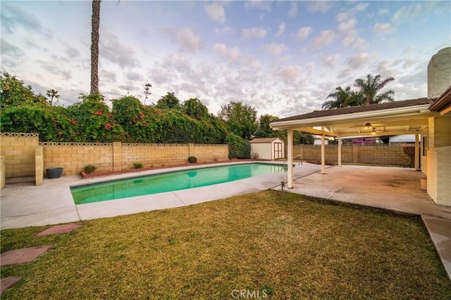 view of swimming pool featuring a storage shed, a yard, a patio area, and ceiling fan