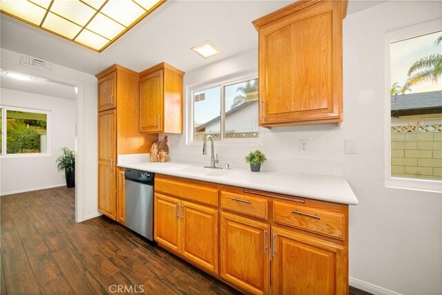 kitchen with sink, stainless steel dishwasher, and dark wood-type flooring