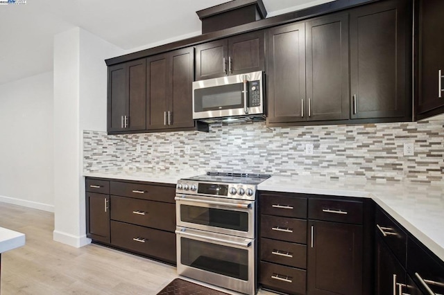 kitchen with decorative backsplash, dark brown cabinets, and appliances with stainless steel finishes