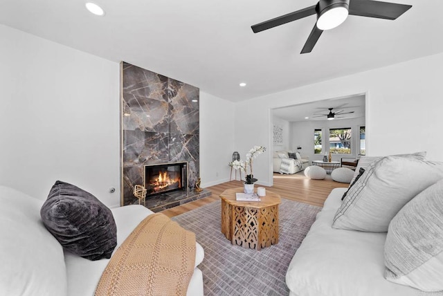 living room featuring hardwood / wood-style flooring and a high end fireplace