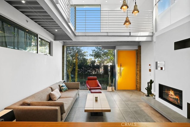 living room with a high ceiling