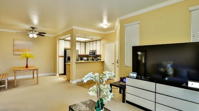 living room featuring light carpet, ornamental molding, and ceiling fan