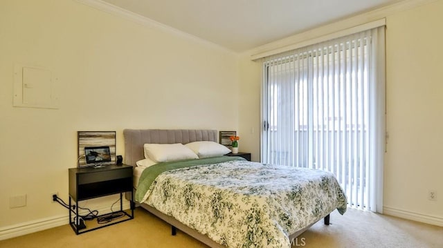 carpeted bedroom with ornamental molding, electric panel, multiple windows, and access to outside